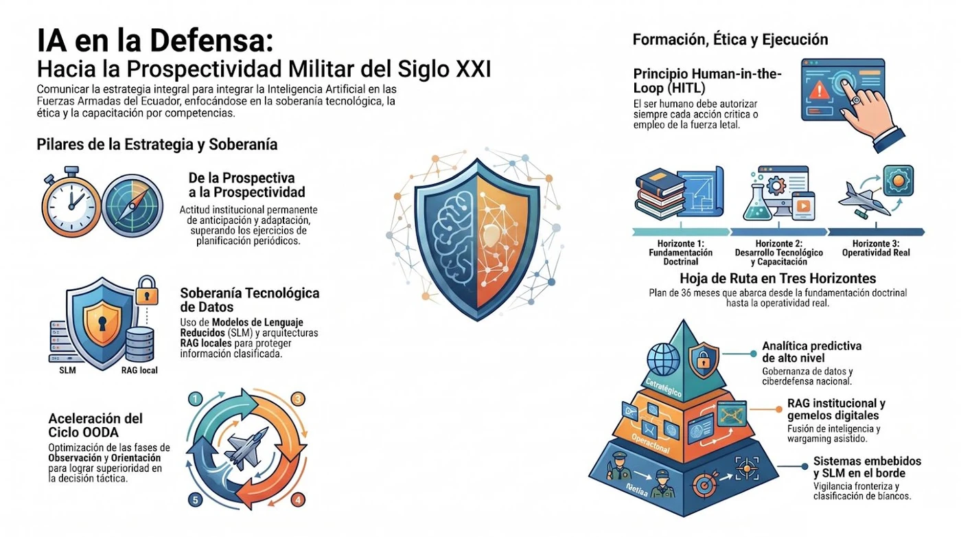 Infografía de síntesis del ensayo: pilares de la estrategia y la soberanía (de la prospectiva a la prospectividad; soberanía tecnológica de datos con modelos de lenguaje reducidos y RAG locales; aceleración del ciclo OODA), formación, ética y ejecución (principio Human-in-the-Loop; hoja de ruta en tres horizontes; matriz de competencias por nivel de mando: táctico, operacional y estratégico).