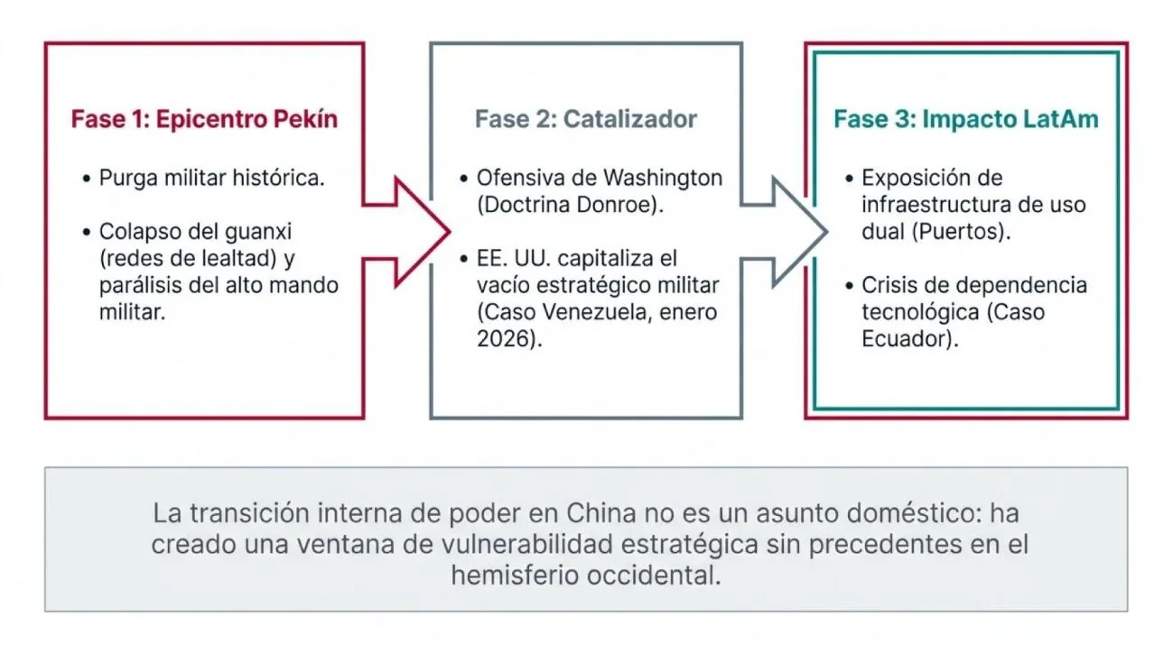 Diagrama de tres fases: Fase 1, epicentro Pekín (purga militar histórica y colapso del guanxi, parálisis del alto mando); Fase 2, catalizador (ofensiva de Washington con la «Doctrina Donroe», capitalización del vacío estratégico militar tras el caso Venezuela de enero de 2026); Fase 3, impacto en América Latina (exposición de la infraestructura de uso dual y crisis de dependencia tecnológica, caso Ecuador).
