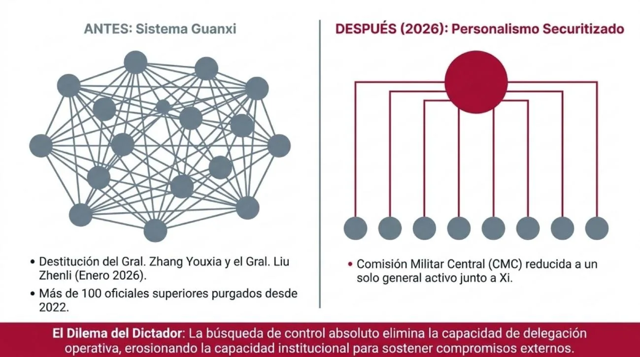 Comparación antes/después: el sistema guanxi como red distribuida de nodos de lealtad frente al personalismo securitizado de 2026, representado como un único centro de poder; se destaca la destitución de los generales Zhang Youxia y Liu Zhenli y más de cien oficiales purgados desde 2022, con la Comisión Militar Central reducida a un solo general activo junto a Xi.