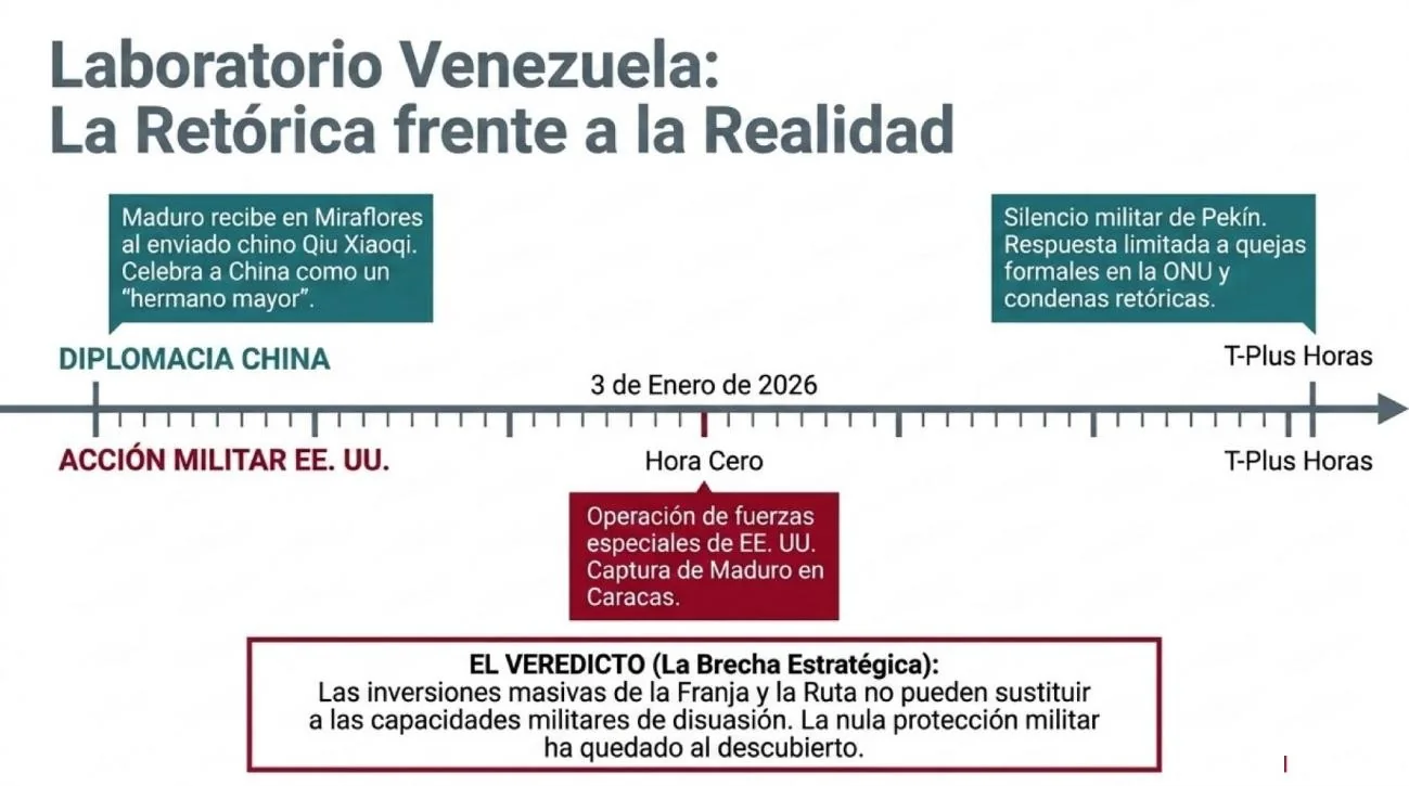 Línea de tiempo del 3 de enero de 2026: la diplomacia china (Maduro recibe al enviado Qiu Xiaoqi en Miraflores y celebra a China como «hermano mayor») frente a la acción militar de Estados Unidos (operación de fuerzas especiales y captura de Maduro en Caracas horas después); el veredicto de la brecha estratégica: las inversiones de la Franja y la Ruta no sustituyen la capacidad de disuasión militar.