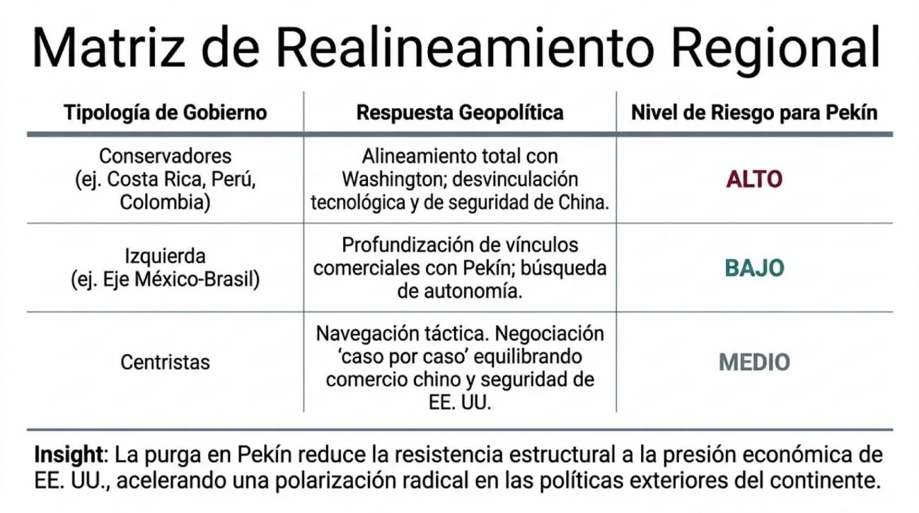Matriz de realineamiento regional por tipología de gobierno: gobiernos conservadores (Costa Rica, Perú, Colombia) con alineamiento total con Washington y desvinculación tecnológica de China, riesgo alto para Pekín; gobiernos de izquierda (eje México-Brasil) que profundizan vínculos comerciales con Pekín y buscan autonomía, riesgo bajo; gobiernos centristas con negociación caso por caso, riesgo medio.