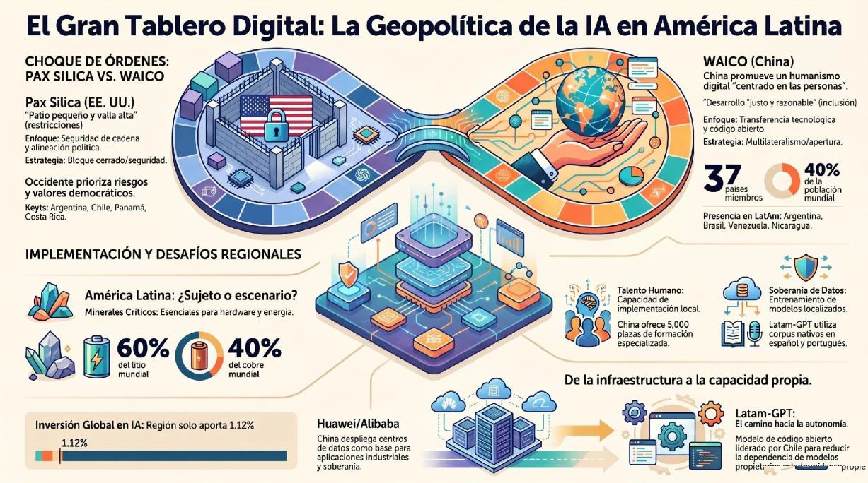 Infografía de síntesis: el choque de órdenes tecnológicos Pax Silica (EE. UU.) vs. WAICO (China, 37 países miembros, 40% de la población mundial), los retos de implementación regional (minerales críticos, litio y cobre), la inversión global en IA de la que América Latina solo capta el 1,12%, y el camino de Huawei/Alibaba hacia Latam-GPT.