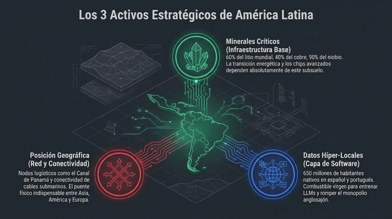Los tres activos estratégicos de América Latina: minerales críticos (litio y cobre) como infraestructura física, posición geográfica y conectividad de red, y centros de datos hiperescala como capa de cómputo.