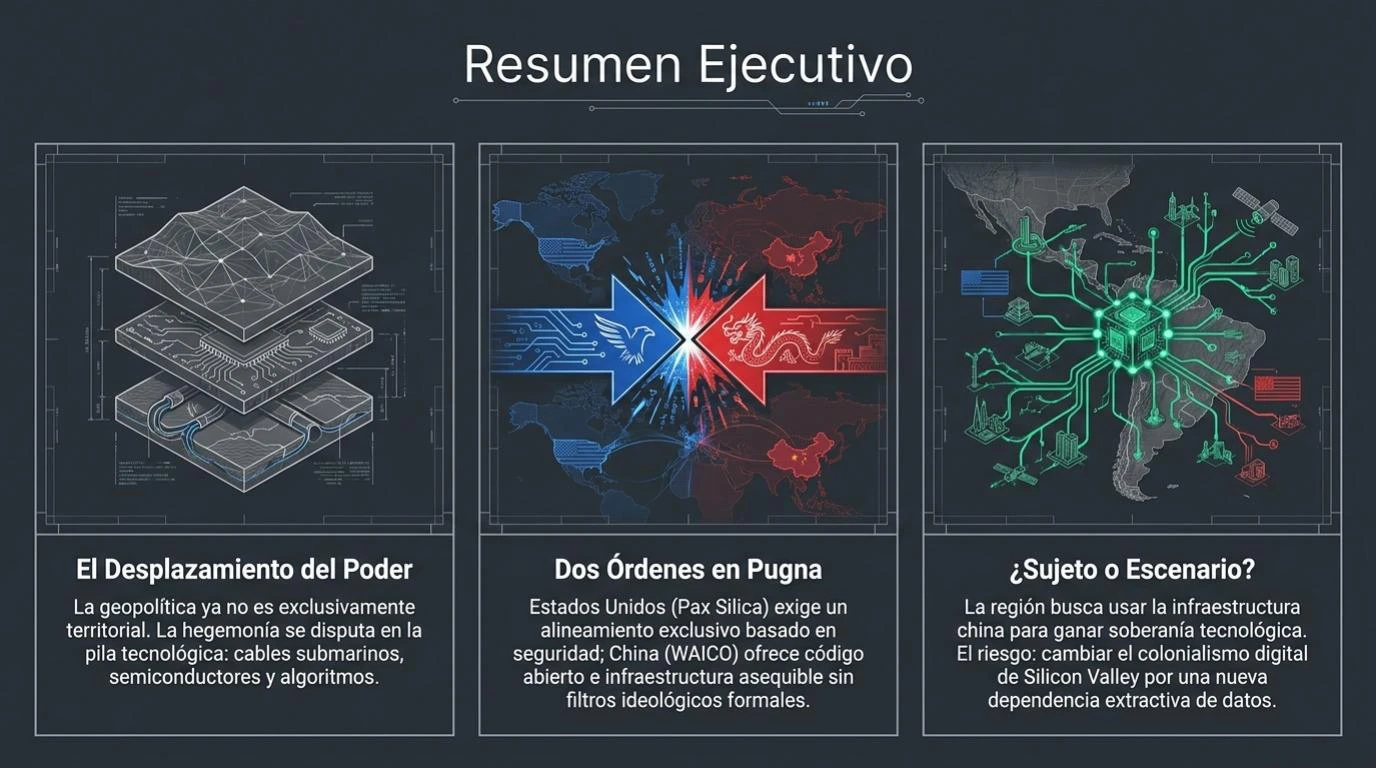 Resumen ejecutivo en tres paneles: el desplazamiento del poder hacia capas tecnológicas, la disputa entre dos órdenes digitales (Pax Silica y WAICO), y la pregunta abierta de si América Latina es sujeto o escenario de esta geopolítica.