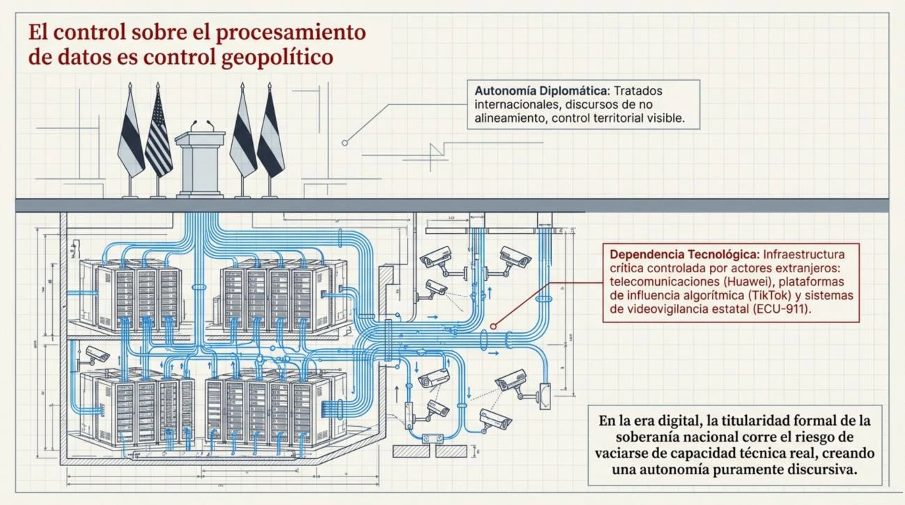 Diagrama de infraestructura con el principio de que el control sobre el procesamiento de datos —telecomunicaciones, videovigilancia estatal y algoritmos de TikTok— equivale a control geopolítico, incluso cuando la titularidad formal de la soberanía permanece intacta.
