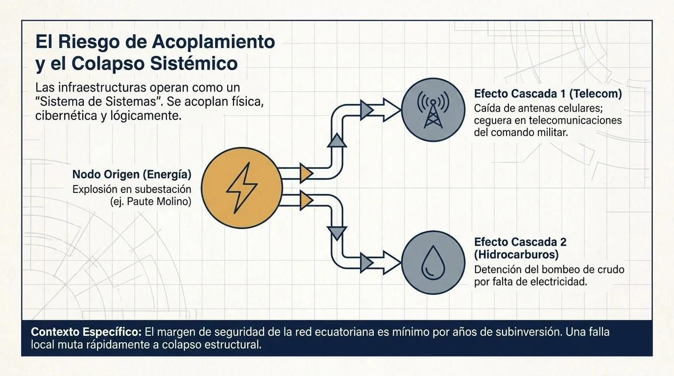 Esquema del efecto cascada entre sistemas de infraestructura: una explosión en una subestación eléctrica (nodo origen) provoca la caída de antenas celulares y de las telecomunicaciones del mando militar, y el cese del bombeo de crudo por falta de electricidad.
