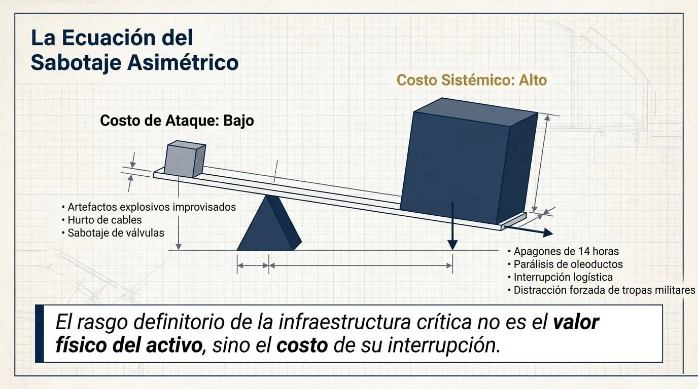 Balanza que muestra la asimetría de costos del sabotaje: un artefacto explosivo improvisado, de bajo costo, desequilibra un bloque de gran peso que representa el costo sistémico de apagones, parálisis de oleoductos e interrupción logística.