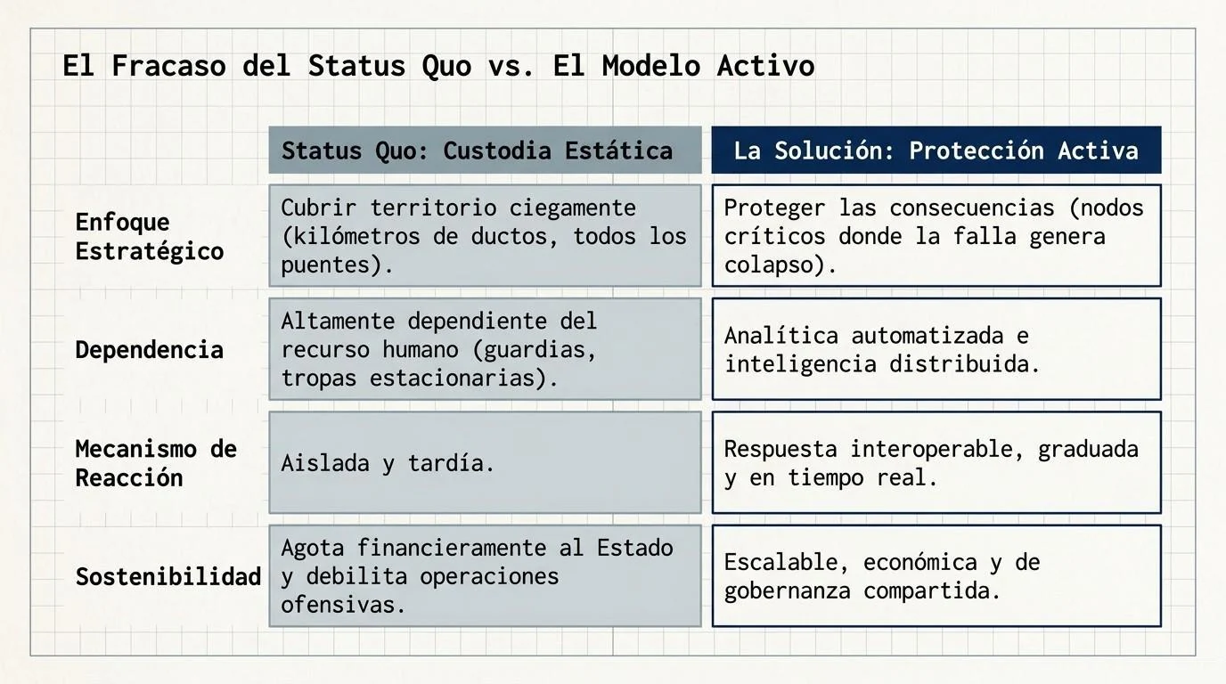 Comparación entre el status quo de la custodia estática (cubrir todo el territorio, dependencia del recurso humano, reacción aislada y tardía) y la protección activa (proteger las consecuencias, analítica automatizada, respuesta interoperable y gobernanza compartida).