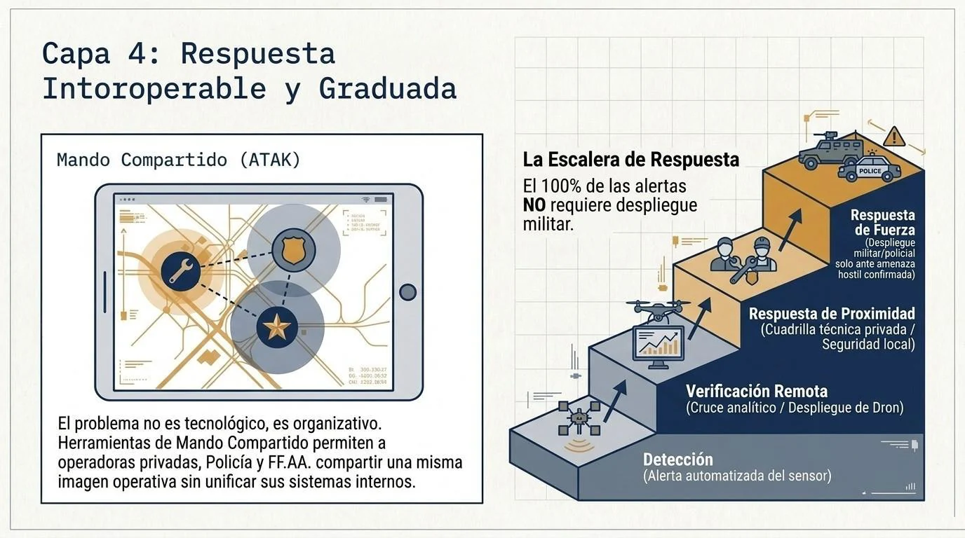 Capa 4: mando compartido (tipo ATAK) y escalera de respuesta graduada, desde la detección y la verificación remota hasta la respuesta de proximidad y la respuesta de fuerza.
