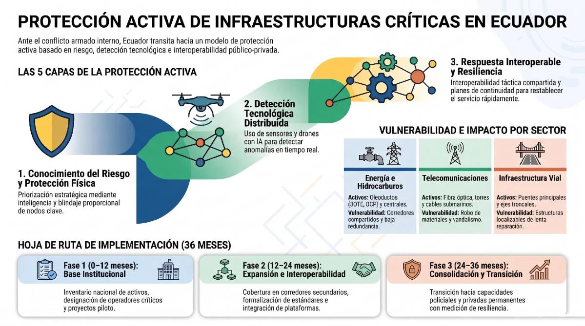 Síntesis visual del modelo de protección activa: las cinco capas, la vulnerabilidad y el impacto por sector (energía e hidrocarburos, telecomunicaciones e infraestructura vial) y la hoja de ruta de treinta y seis meses.